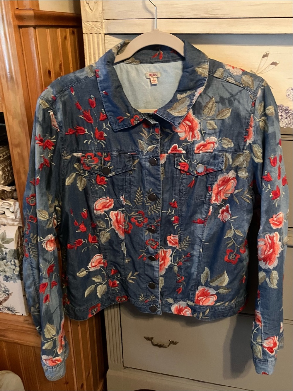 Reba Embroidered Blue Denim Jacket with Red Floral Accents